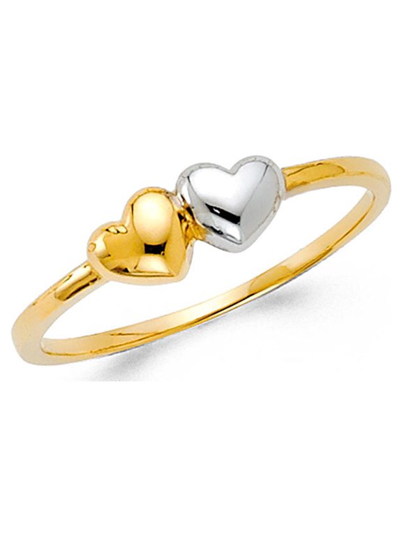 Solid 14k Yellow & White Gold Two Hearts Together Ring Love Band Fancy Polished Two Tone 5MM, Size 8.5