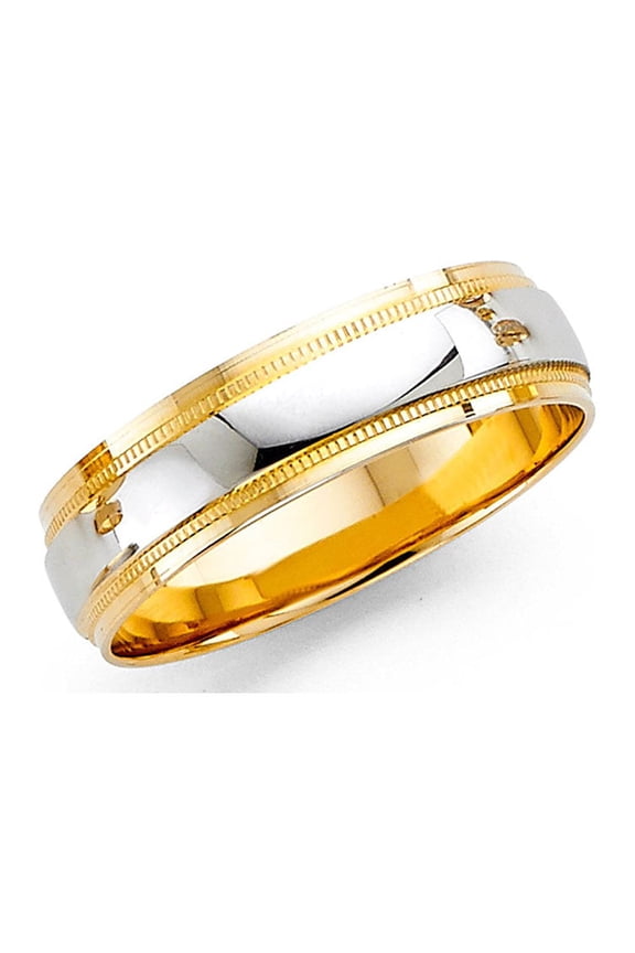 Solid 14k Yellow White Gold Wedding Band Milgrain Ring Diamond Cut Polished Style Two Tone 6 mm, Size 8