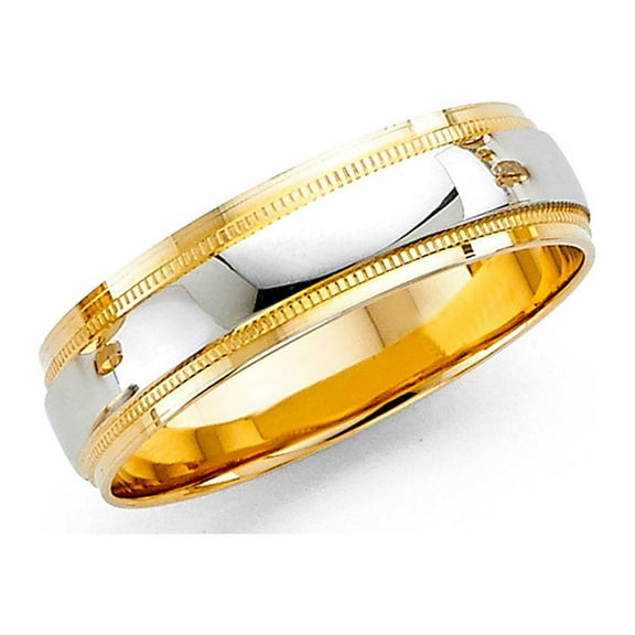 Solid 14k Yellow White Gold Wedding Band Milgrain Ring Diamond Cut Polished Style Two Tone 6 mm, Size 8
