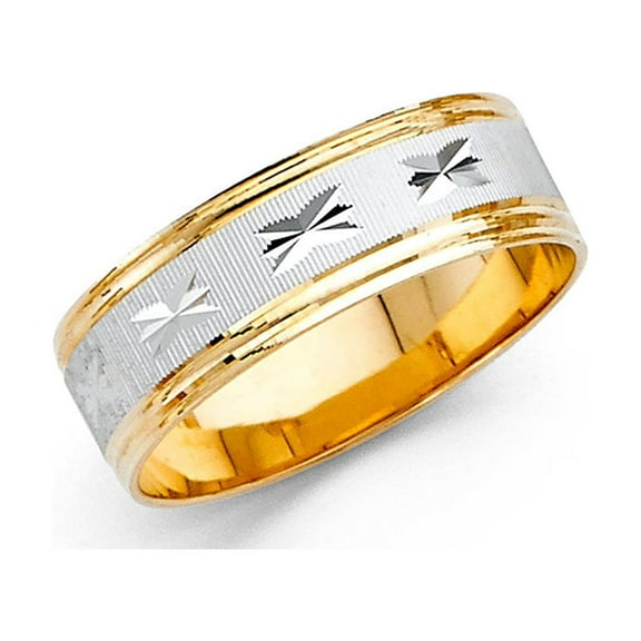 Solid 14k Yellow White Gold Wedding Band Milgrain Ring Flat Diamond Cut Two Tone Men Women 7 mm, Size 5