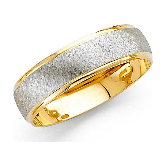 Solid 14k Yellow White Gold Wedding Band Ring Brushed Satin Polished Finish Two Tone Fancy 6 mm, Size 11