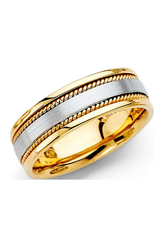 Solid 14k Yellow & White Gold Wedding Band Rope Edge Ring Comfort Fit Two Tone Mens Womens 6 mm, Size 5