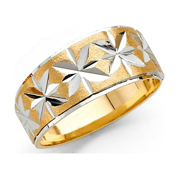 Solid 14k Yellow White Gold Wedding Ring Tapered Band Diamond Cut Satin Two Tone Style Men Women 8 mm, Size 8