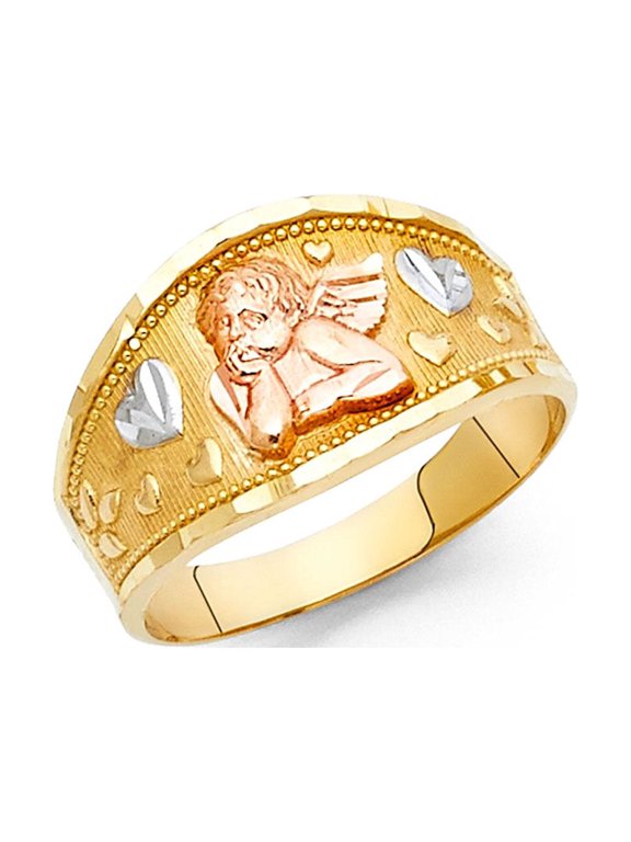 Solid 14k Yellow White Rose Gold Angel & Heart Band Ring Cupid Love Band Tapered Tri Color 11MM, Size 9