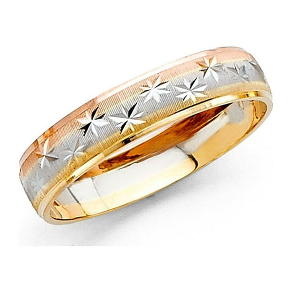 Solid 14k Yellow White Rose Gold Band Wedding Ring Diamond Cut Star Dome Mens Womens Tri Color 4 mm, Size 5