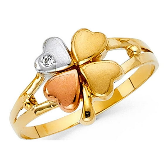 Solid 14k Yellow White Rose Gold Clover Ring Good Luck Charm CZ Band Polished Tri Color 10MM, Size 8.5