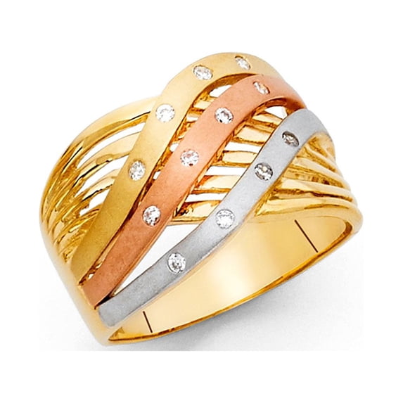 Solid 14k Yellow White Rose Gold Cocktail Ring CZ Fashion Band Wide Curve Stylish Satin Polished, Size 8