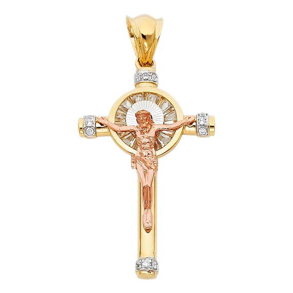 Solid 14k Yellow White Rose Gold Crucifix Charm Cross Jesus Pendant Celtic CZ Religious Fancy 27 x 41 mm