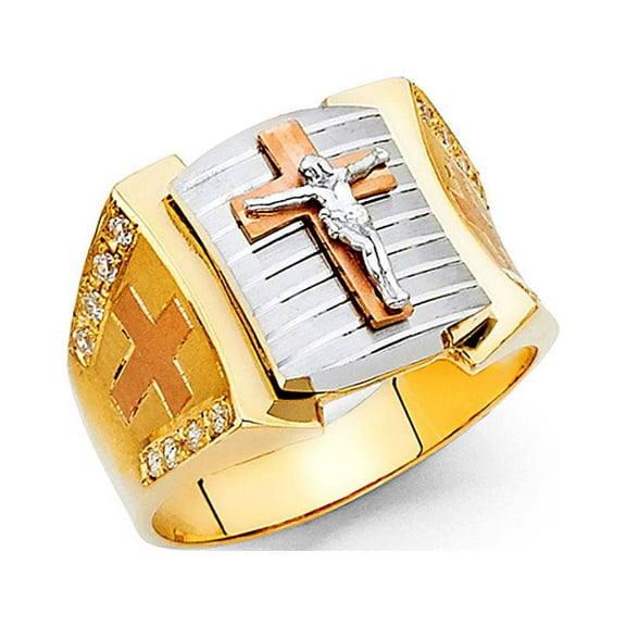 Solid 14k Yellow White Rose Gold Crucifix Ring Mens Cross Band CZ Religious Diamond Cut Fancy Size 10