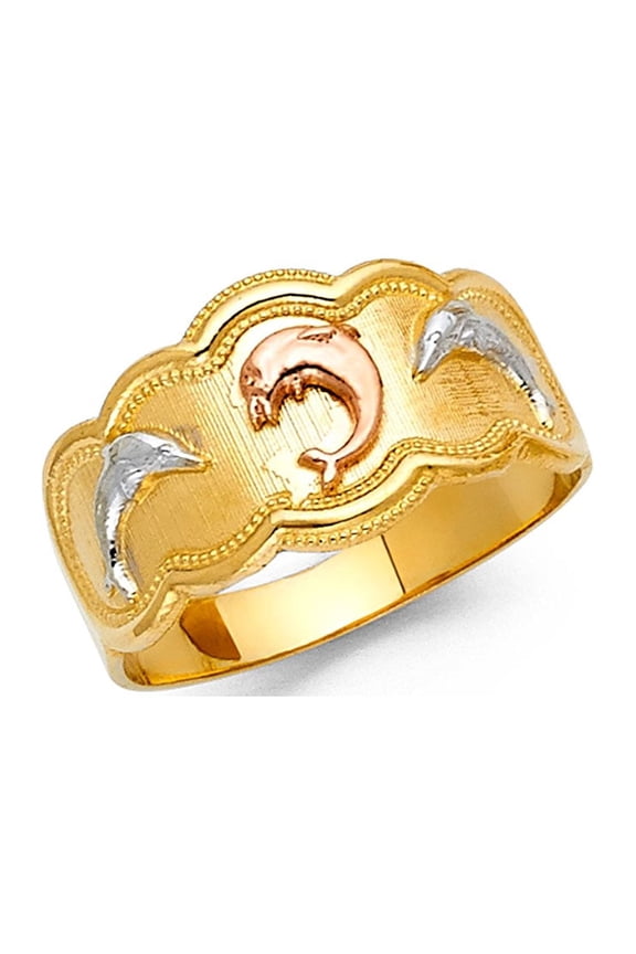 Solid 14k Yellow White Rose Gold Dolphin Band Ring Polished Finish Fancy Design Tri Color 11MM, Size 6