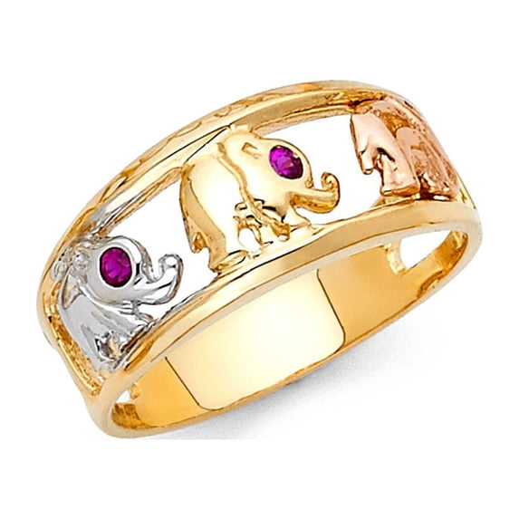 Solid 14k Yellow White Rose Gold Elephant Ring CZ Three Elephants Band Good Luck Charm Tri Color, Size 8.5