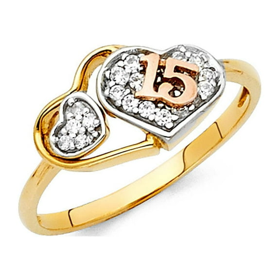 Solid 14k Yellow White Rose Gold Heart 15 Birthday Ring CZ Quinceanera Band Three Hearts Fancy, Size 7