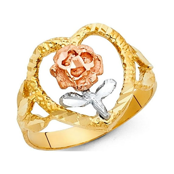 Solid 14k Yellow White Rose Gold Heart & Flower Ring Flower Design Band Two Tone 15MM, Size 8.5