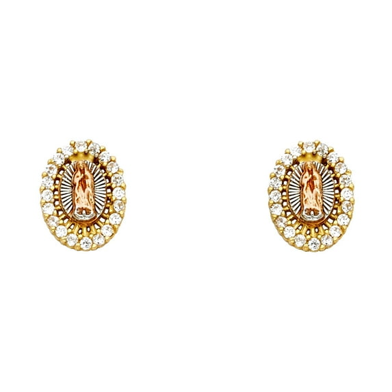Solid 14k Yellow White Rose Gold Lady Guadalupe Stud Earrings Virgin Mary Studs CZ Posts Fancy 12 mm
