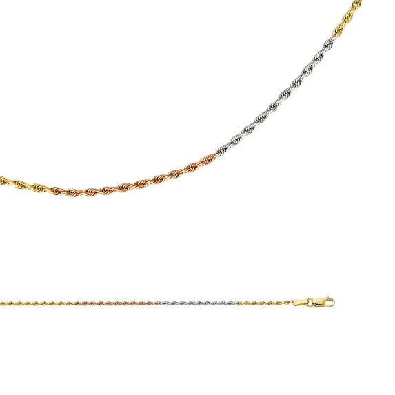 Solid 14k Yellow White Rose Gold Necklace Rope Chain Diamond Cut Twisted Tri Color 1.5 mm 20 inch
