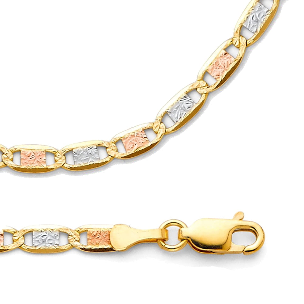 Solid 14k Yellow White Rose Gold Necklace Valentino Chain Diamond Cut Link Tri Color 3.3 mm 24 inch