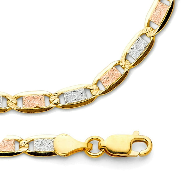 Solid 14k Yellow White Rose Gold Necklace Valentino Chain Diamond Cut Link Tri Color 4.2 mm 24 inch Walmart