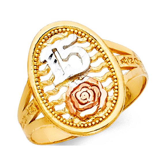 Solid 14k Yellow White Rose Gold Oval Miss 15 Anos Ring Quinceanera Rose Band Two Tone 17MM, Size 7