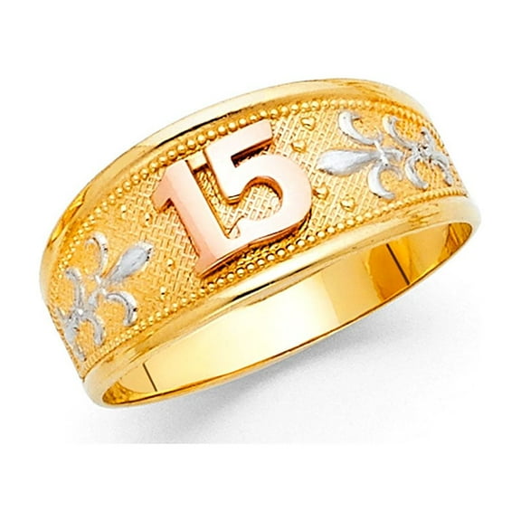 Solid 14k Yellow White Rose Gold Sweet 15 Birthday Band Ring 15 Anos Tapered Band Tri Color 8MM, Size 7