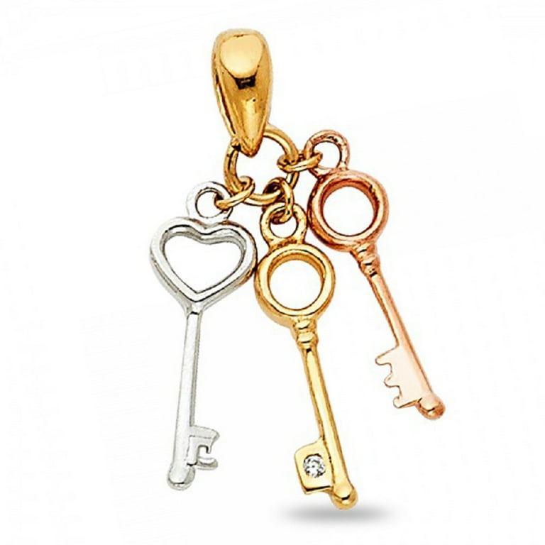 Solid 14k Yellow White Rose Gold Three Keys Pendant Fancy Charm Genuine Polished Tri Color 20 x 10 mm