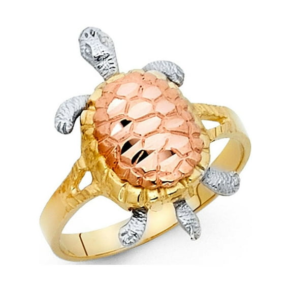 Solid 14k Yellow White Rose Gold Turtle Ring Diamond Cut Polished Finish Fancy Tri Color 18MM Size 6