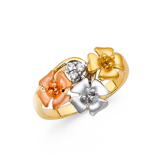 Solid 14k Yellow White and Rose Three Color Gold Cubic Zirconia CZ Fashion Anniversary Flower Ring Size 7.5
