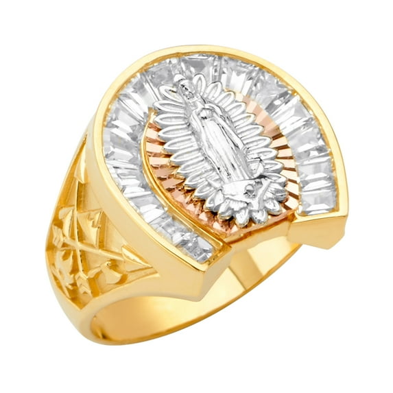 Solid 14k Yellow White and Rose Three Color Gold Horse Shoe Mens Cubic Zirconia CZ Ring W/Our Lady of Guadalupe Virgin Mary Size 7.5