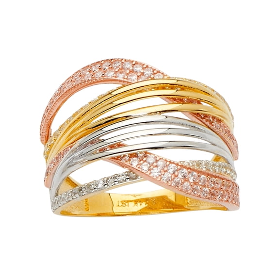 Solid 14k Yellow White and Rose Three Color Gold Multi Line Micro Pave Cubic Zirconia CZ Ring Size 12