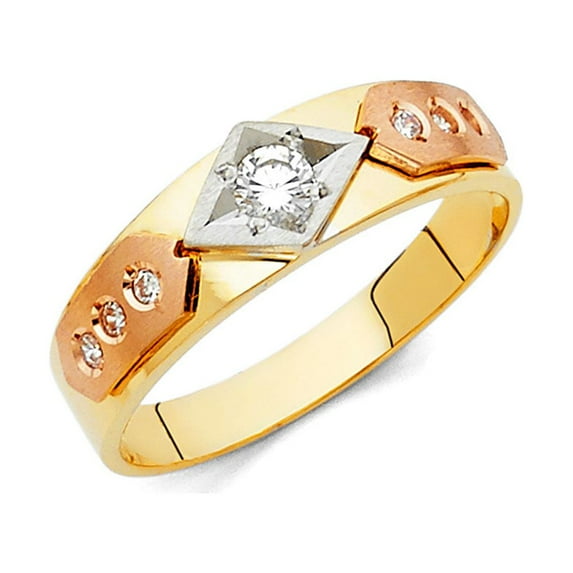 Solid 14k Yellow White and Rose Three Color Gold Ring Round Cubic Zirconia CZ Mens Anniversary Wedding Band Size 8.5