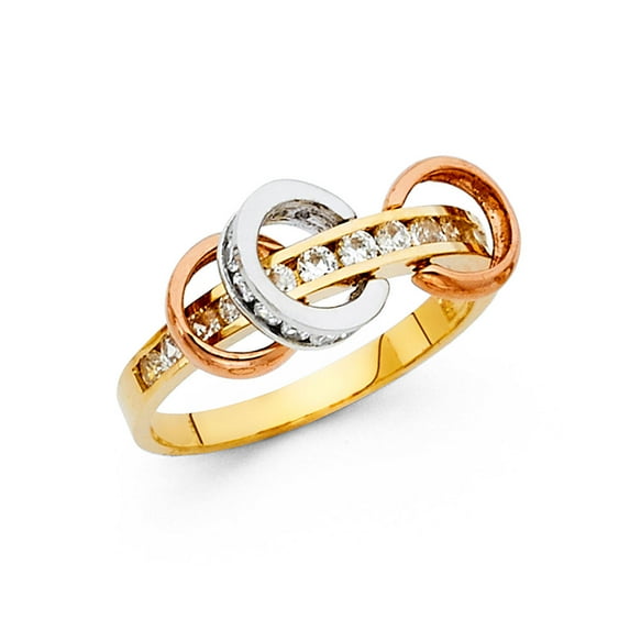 Solid 14k Yellow White and Rose Three Color Gold Round Cubic Zirconia CZ Fashion Anniversary Ring Size 10.5