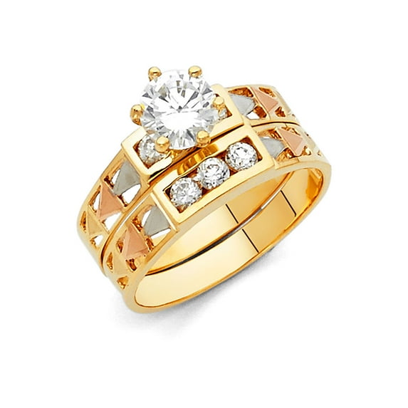 Solid 14k Yellow White and Rose Three Color Gold Round Cubic Zirconia CZ Ladies Wedding Band And Engagement Bridal Ring Two Piece Set Size 7.5