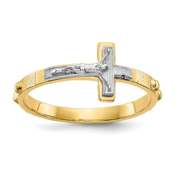 Solid 14k Yellow and White Gold Two Tone Crucifix Cross Rosary Ring Band Size 7