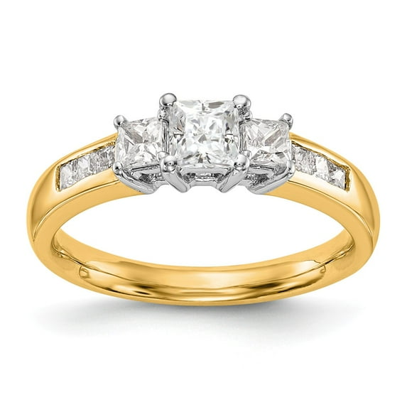 Solid 14k Yellow and White Gold Two Tone Three Stone Diamond Side-Stones with CZ Cubic Zirconia Center Stone Engagement Ring Size 5