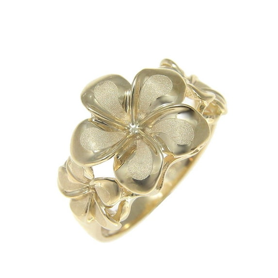 Solid 14k yellow gold 8.5mm-13mm-8.5mm Hawaiian plumeria flower ring size 8