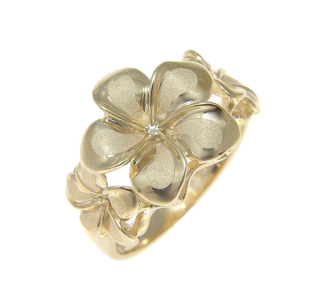ARTHUR'S JEWELRY Solid 14k yellow gold 8.5mm-13mm-8.5mm Hawaiian plumeria flower ring