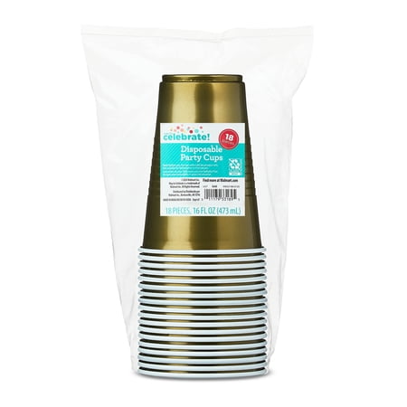 Plastic Disposable Party Cups, Gold, 16 oz, 18 Pieces, by Way To Celebrate