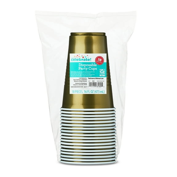Plastic Disposable Party Cups, Gold, 16 oz, 18 Pieces, by Way To Celebrate