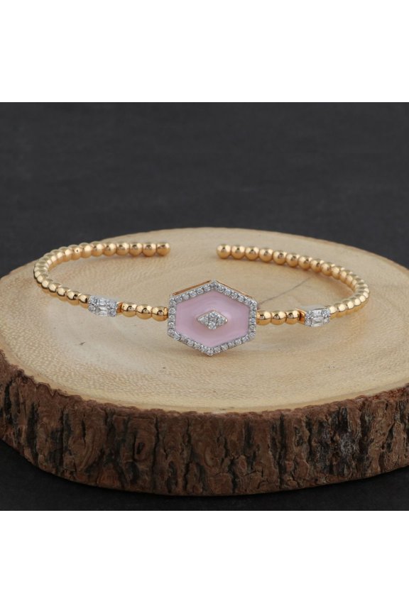 Solid 18 Kt Gold SI Clarity HI Color Diamond Pink Enamel Designer Bubble Bracelet