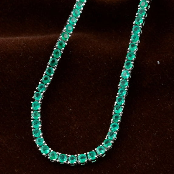Solid 18 Kt White Gold Round Zambian Emerald Prong Setting Chain