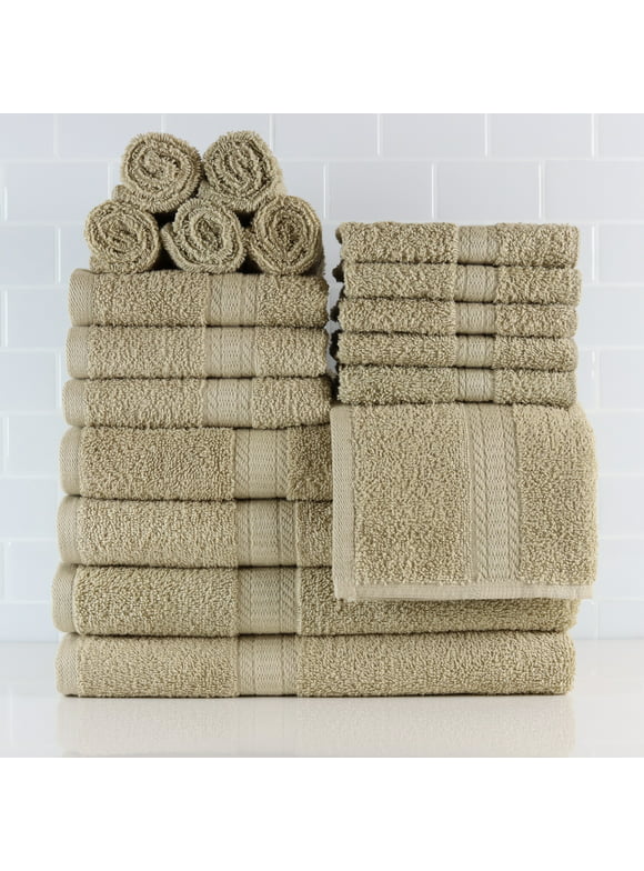 Solid 18-Piece Adult Bath Towel Set, Vallejo Tan, Mainstays Basic