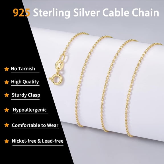 Solid 18K Gold Over 925 Sterling Silver Chain Necklace For Women, 1Mm Cable Chain Necklace Sturdy & Shiny Women'S Chain Necklaces 14/16/17/18/20/22/24 Inch[o7615]