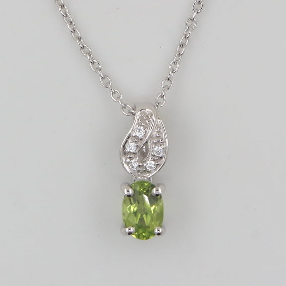 18K Solid White Gold Natural Peridot & CZ Pendant Free 925 Silver Chain, Gift Box for Women