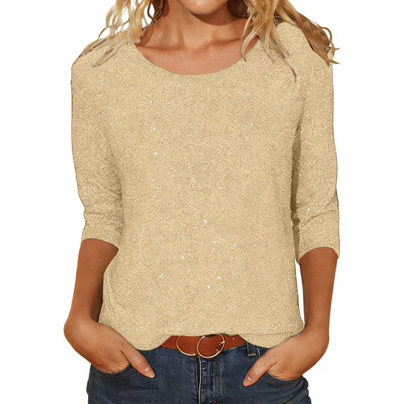 Solid 3/4 Sleeve Shiny Tops for Womens Casual Round Neck Loose T Shirt with Sequins