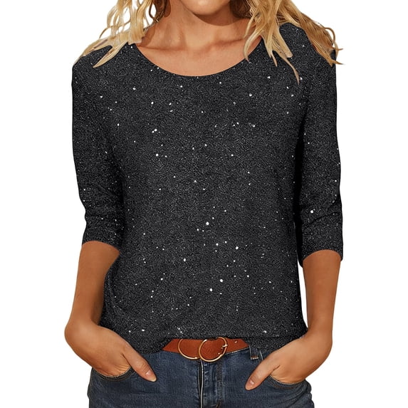 Solid 3/4 Sleeve Shiny Tops for Womens Casual Round Neck Loose T Shirt with Sequins