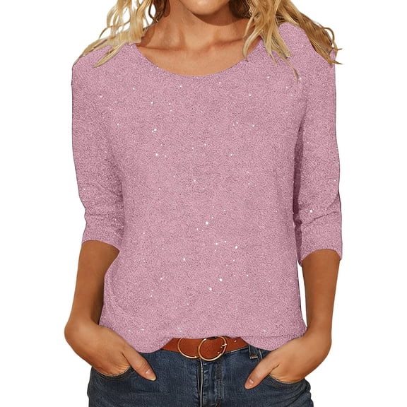 Solid 3/4 Sleeve Shiny Tops for Womens Casual Round Neck Loose T Shirt with Sparkling Sequins