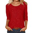 thumbnail image 1 of Solid 3/4 Sleeve Shiny Tops for Womens Casual Round Neck Loose T Shirt with Sequins, 1 of 4