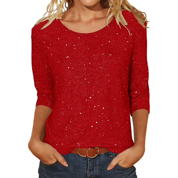 Solid 3/4 Sleeve Shiny Tops for Womens Casual Round Neck Loose T Shirt with Sequins