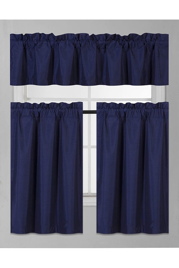 Solid 3-Piece Room Darkening Kitchen Window Curtain Tiers and Valance Set (Navy)