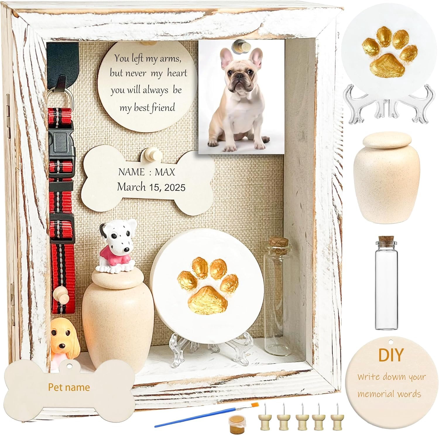 Toy Box Kit Solid 8x10 Memorial Shadow Box White Urn Ashes Display Case with Paw ...