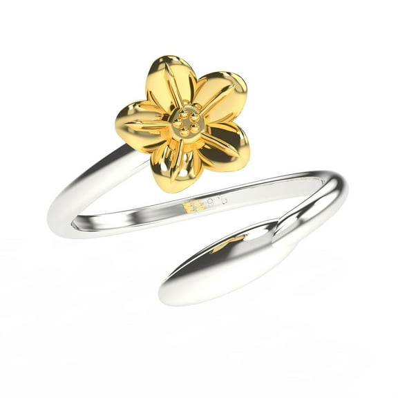 Solid 925 Silver Forget Me Not Flower and Leaf Adjustable Ring (Gold)